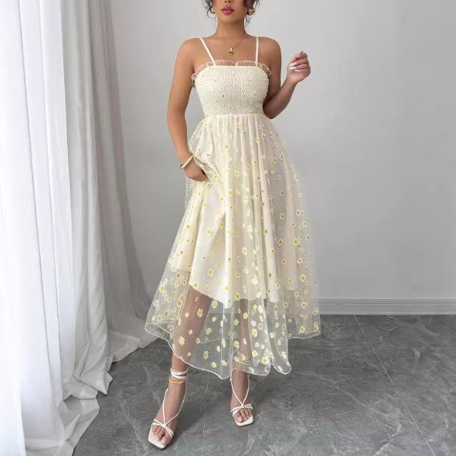 European and American style small wrinkle chrysanthemum printing mesh yarn, tube top sling, French retro medium and long dress