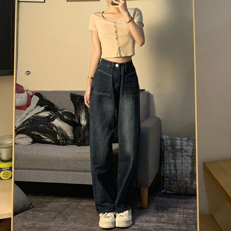 Spring and Autumn Retro Jeans Women's Straight Pants High Waist Loose Wide-leg Pants
