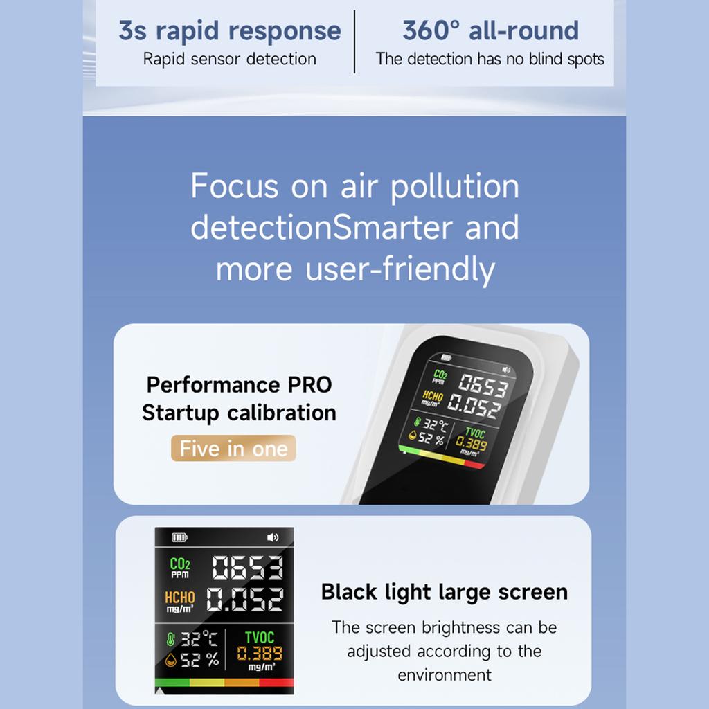 5 in 1 Portable Quality Monitor Detects TVOC CO2 Temperature Humidity with HD Screen Built-in Battery for Indoor Outdoor Use