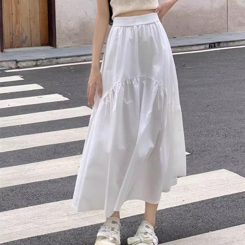 Half-length Skirt Women's Summer Simple and Thin Fashion Design Sense Pleated Stitching Elastic Waist Skirt