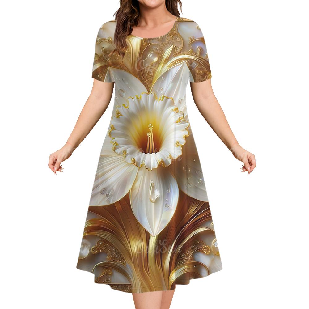 Women Summer Round Neck Short Sleeved Dress 3d Floral Pattern Casual Fashion Clothing Woman Party Elegant Long Skirt Pullover