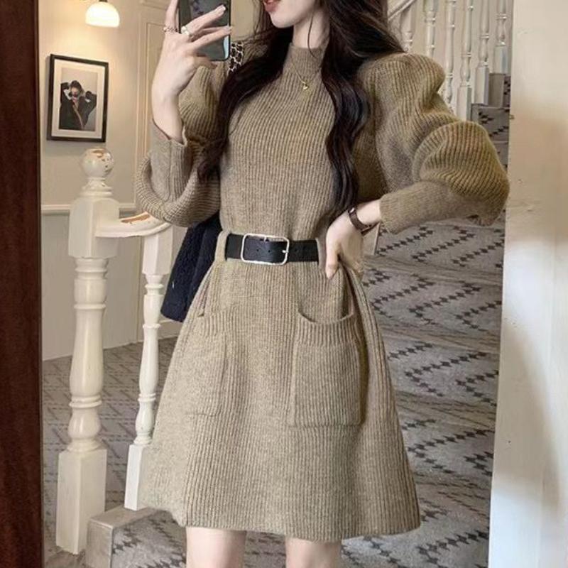 Plus Size Women's Korean Style Fashion Knit Dress Winter Autumn Design Sense Waist-Cinching Base Layer Skirt Trendy