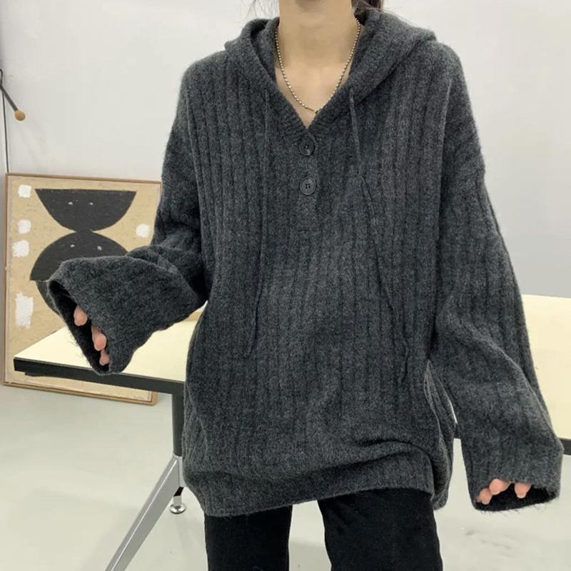

Пуловер с капюшоном, вязаный свитер для женщин, повседневный однотонный свитер с вертикальным узором One size серый