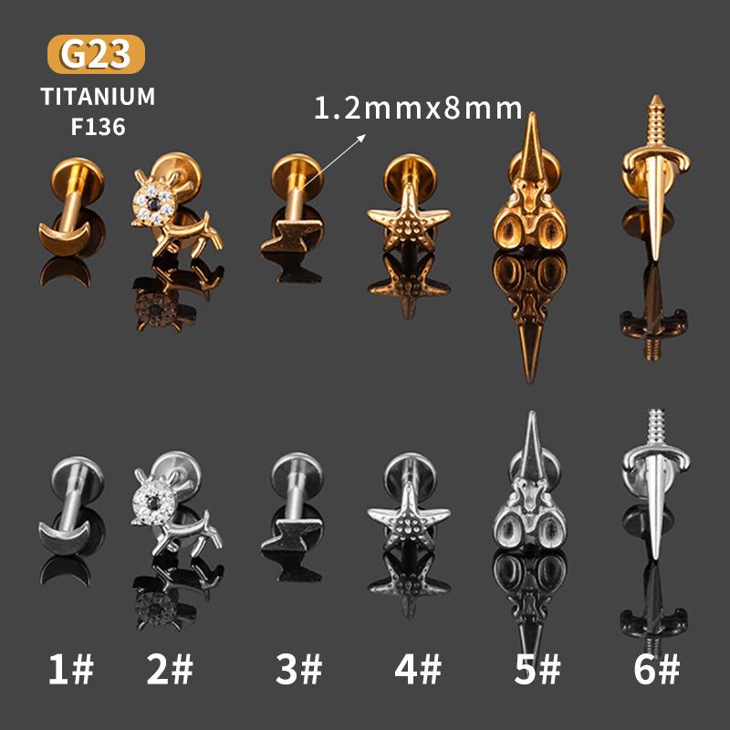 F136 Titanium Alloy Moon, Lightning, Deer & Star Lip and Ear Cartilage Stud Earrings for Body Piercing.