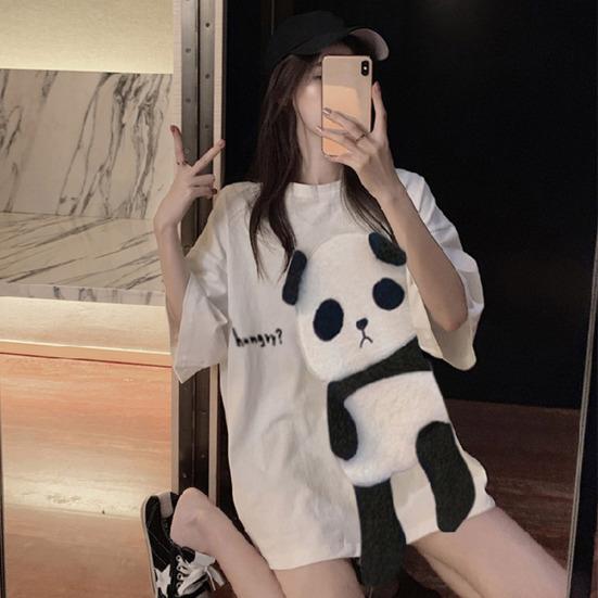 Camiseta Feminina de Verão Bordado de Animal Decoração de Panda Solta Comprimento Médio Gola Redonda Uso Diário Manga Curta Cor Contrastante Top de Verão Feminino Vestuário