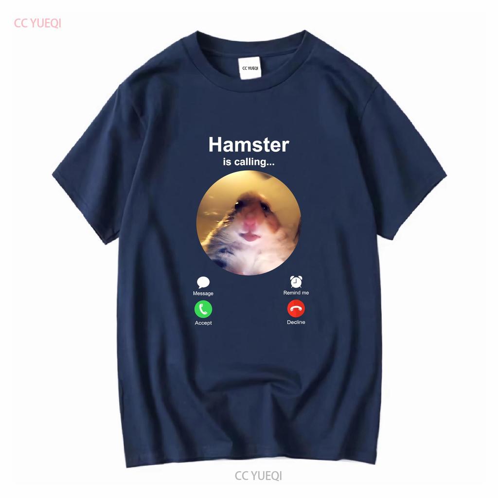 Hamster is Calling Funny Meme T Shirt Staring Front Camera long or short sleeves vintage Washed Casual Unisex designer clothes