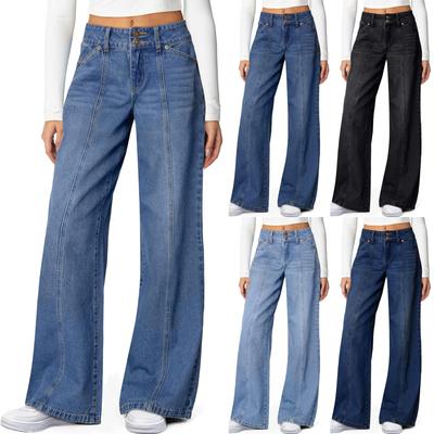 Damen einfarbige Jeans locker lässig gerades Bein weites Bein Hose