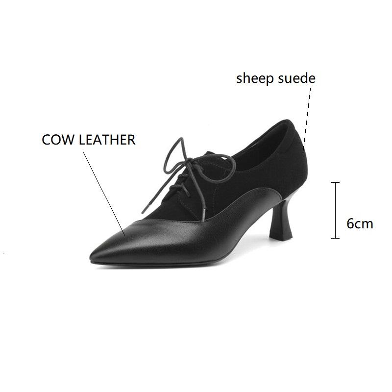Fashion New Spring Autumn Genuine Leather Lace High Heels Women Pointed Toe Shoes for Women Comfort Women Pumps Zaptos Mujer Black Brown