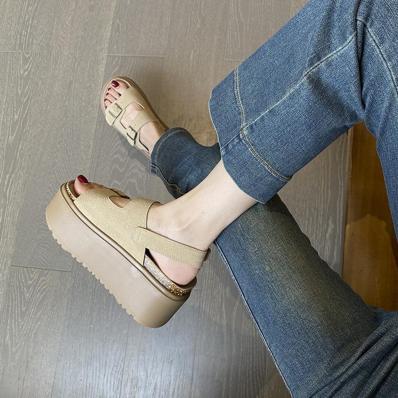 Fashion Low Sandals Woman Leather Low-heeled Rome Fabric PU Rubber Hoof Heels Low Sandals Woman Leather Low-heeled Rubber Rome PU Fabric