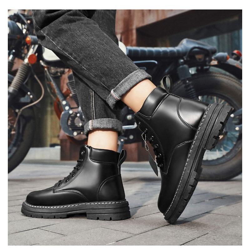 Pánské kožené boty s vysokým svrškem, ležérní/vysokoškolský/streetový styl, jednobarevné, krátký kotníkový design, kulatá špička - módní pánská obuv