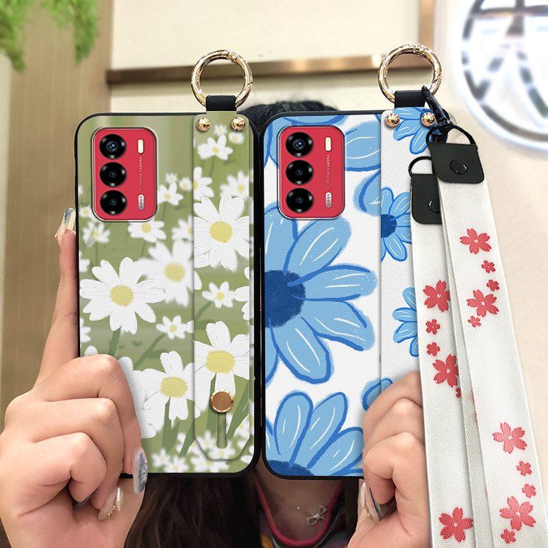 Durable Lanyard Phone Case For ZTE Blade V40 Vita/A72 Ring Anti-dust Fashion Design Silicone Kickstand Waterproof Flower