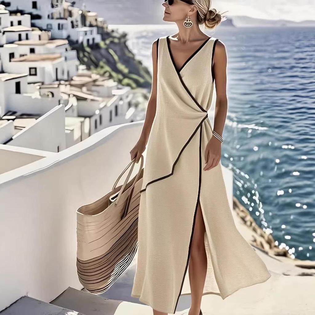 2026 Elegantes asymmetrisches ärmelloses Sommerkleid für Damen mit V-Ausschnitt, einfarbig