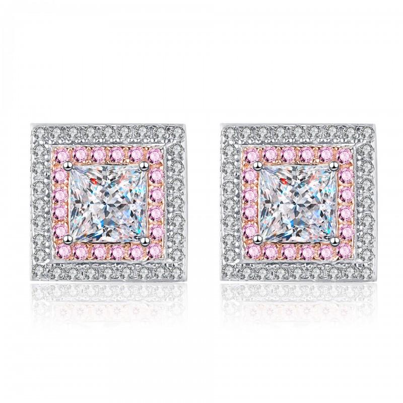 Geometric Square Zircon Stud Earrings Women Sterling Rose Gold Plated 4.5mm 1.2ct Total