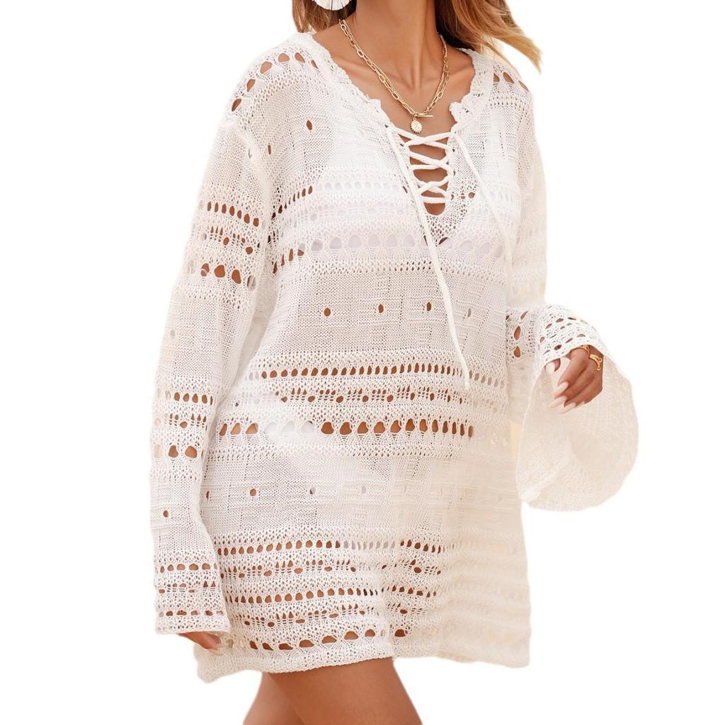European & American Style Women's Beach Dress - Hollow Out Bell Sleeve Tie-Up Bikini Cover-Up
