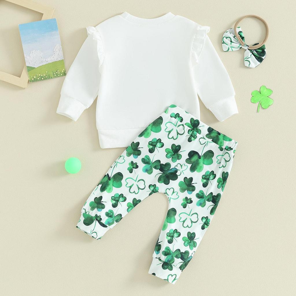 Toddler Girl Ireland Festival Outfits 6M 12M 18M 24M 3Y Letter Print Crew Neck Sweatshirts Shamrock Print Pants Headband 3Pcs Clothes Set