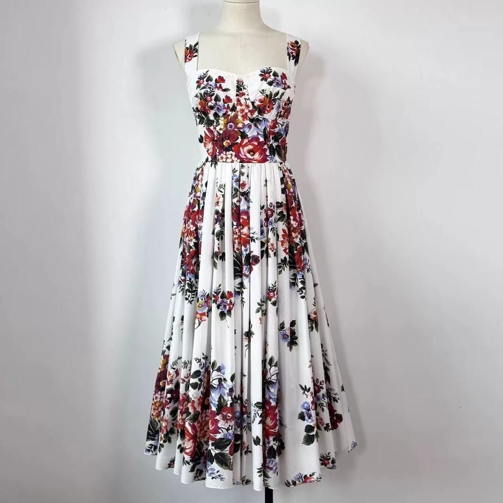New Summer Holiday Elastic Floral Print Long Dress Women's Spaghetti Strap Cup Padded Backless A-Line Boho Midi Dress