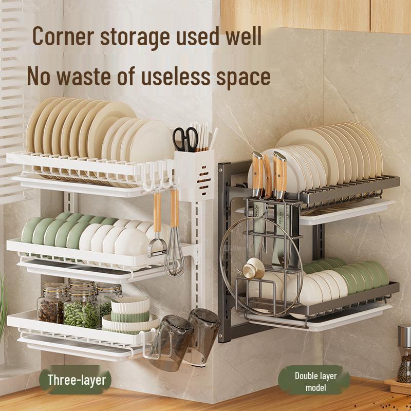 No-Punch Wall-Mounted Dish Drying Rack with Plate and Chopsticks Holder
