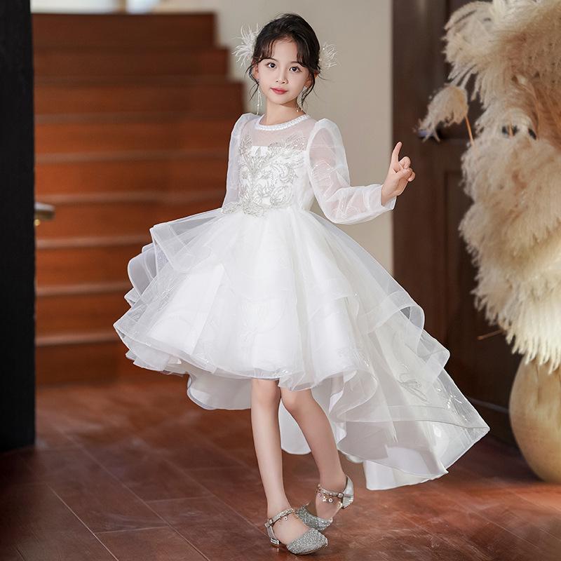 Children's High-End White Sequin Princess Dress - Short Front, Long Back, Perfect for Piano Performances, Weddings, and Autumn Flower Girl Events