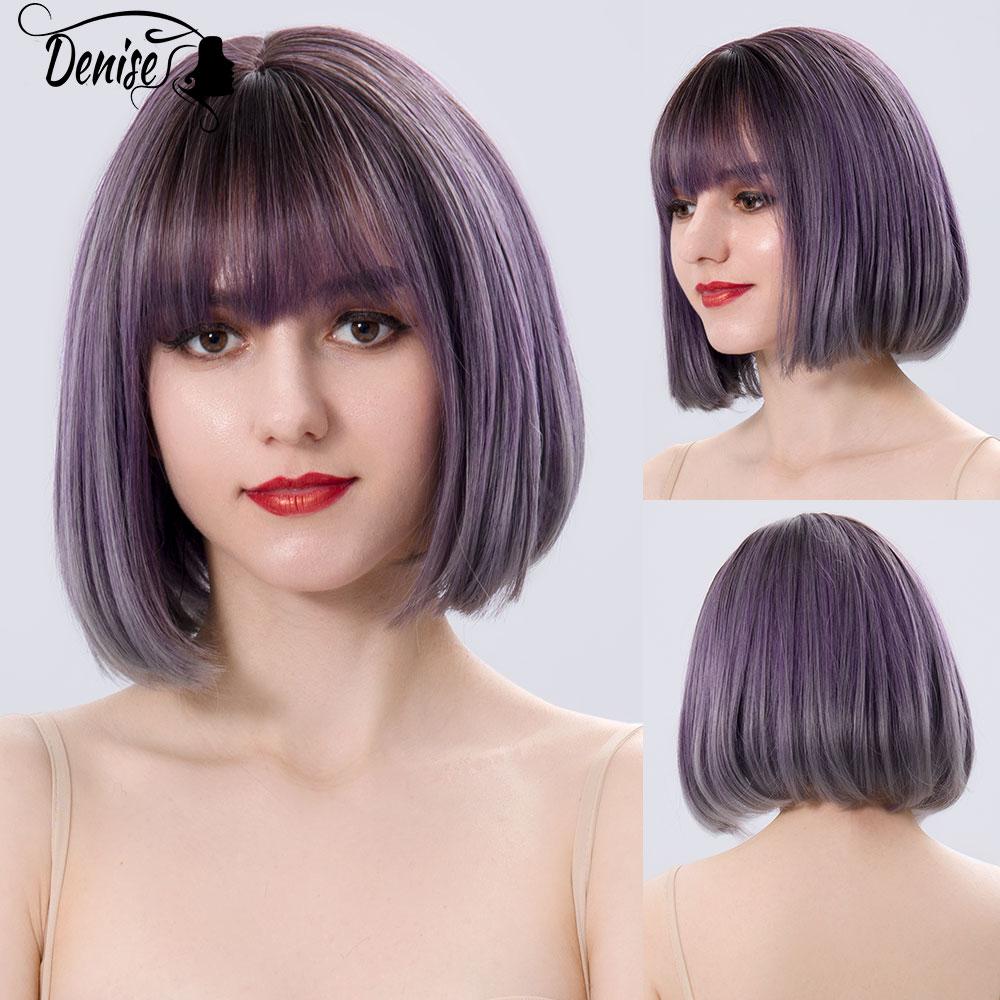 Bob Wig Straight Short Black To Blue Ombre Daily Synthetic Wigs For Women With Bangs Nutural  Heat Resistant Fiber Cosplay Hair