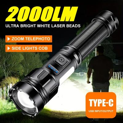 Torcia LED Potente con Zoom 2000LM e Luci Laterali COB, 7 Modalità, Ricaricabile Type-c, Lanterna da Esterno per Emergenza