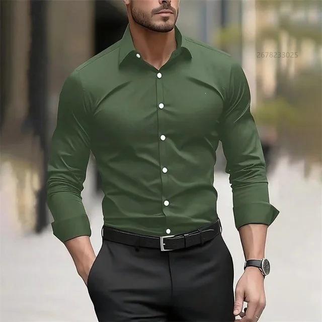Cămașă pentru bărbați, stil business casual, cu mânecă lungă, culoare solidă, guler revere, rezistentă la șifonare, mărime mare