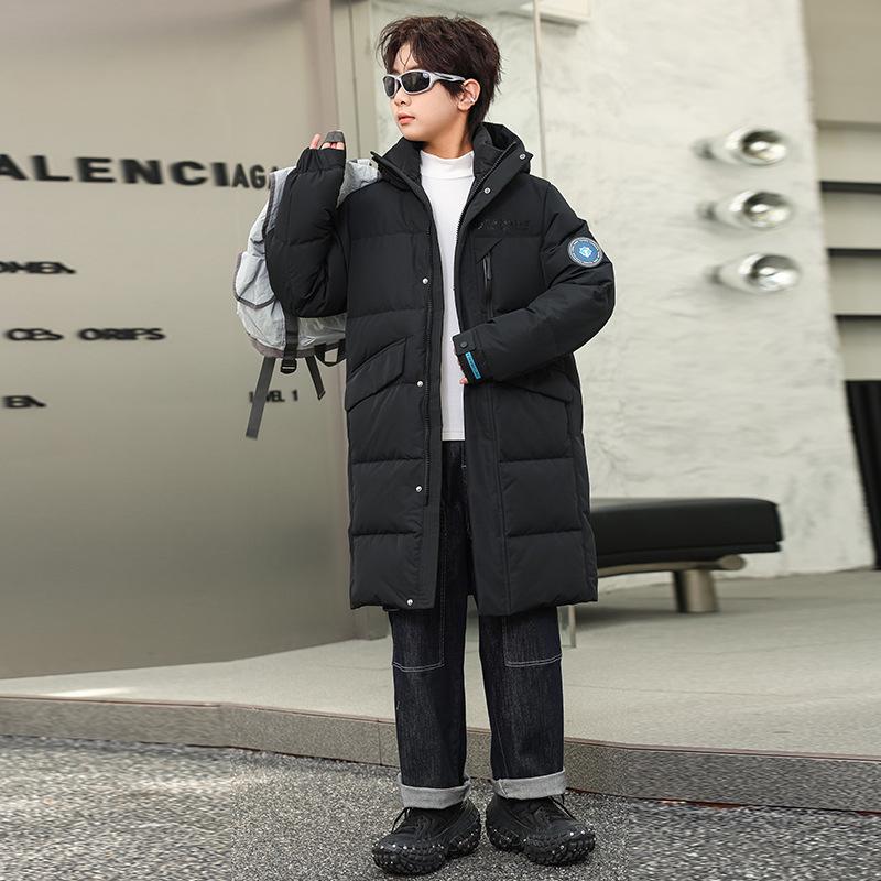 

Детская корейская зимняя длинная куртка с капюшоном на пуху - Модная и универсальная одежда 170cm чёрный