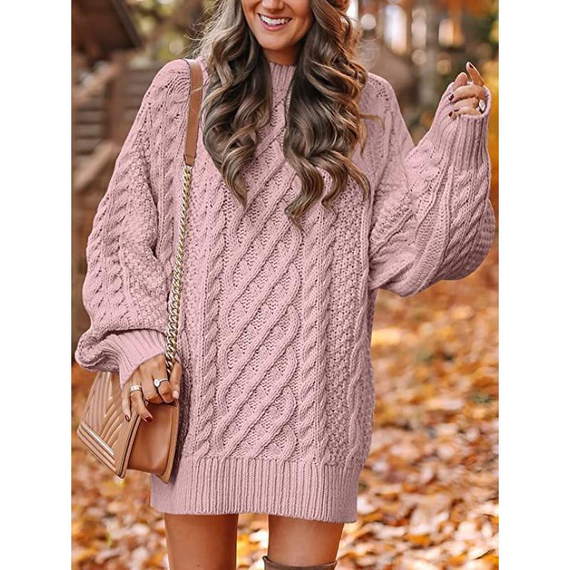 Women's Sweater Dress, Women's Long Sleeve Crew Neck Textured Knitted Dresss