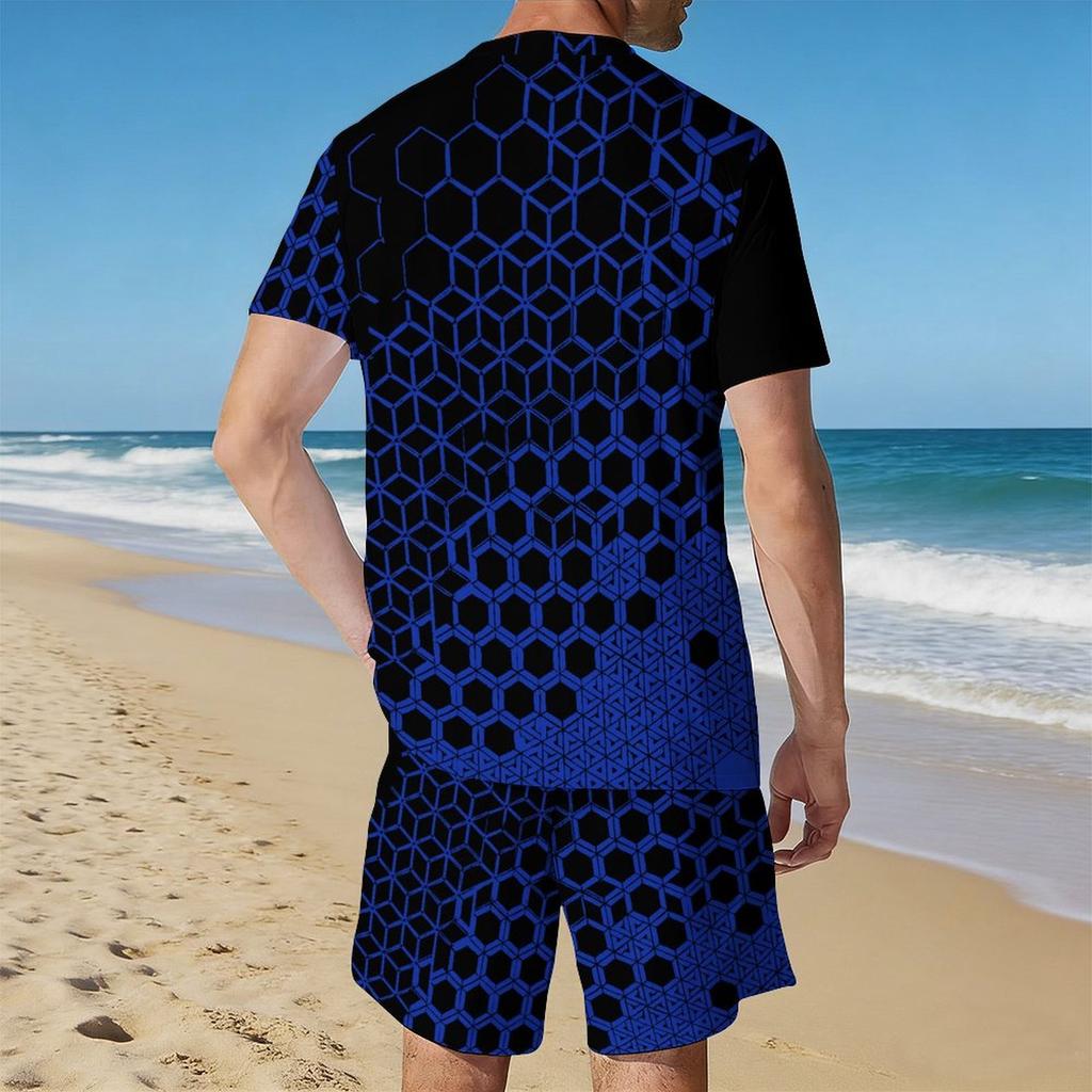 Men Gold White Geometric Triangle 3D Print Short Sleeve Tee And Matching Shorts Two Piece Outfit