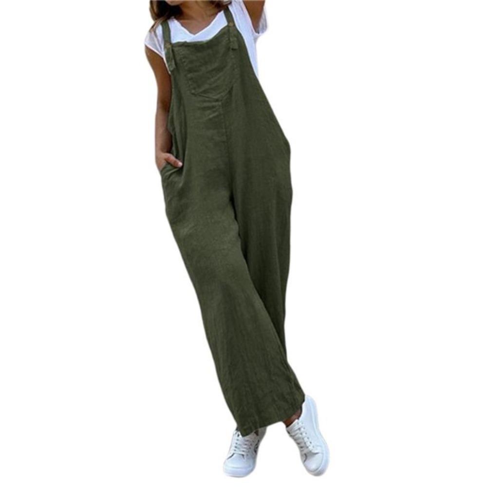 Sommer-Overall für Damen, einfarbig, lässig, lange Hose, Taschen, Knopfleiste, breiter Beingurt, Overall, lockerer Strampler