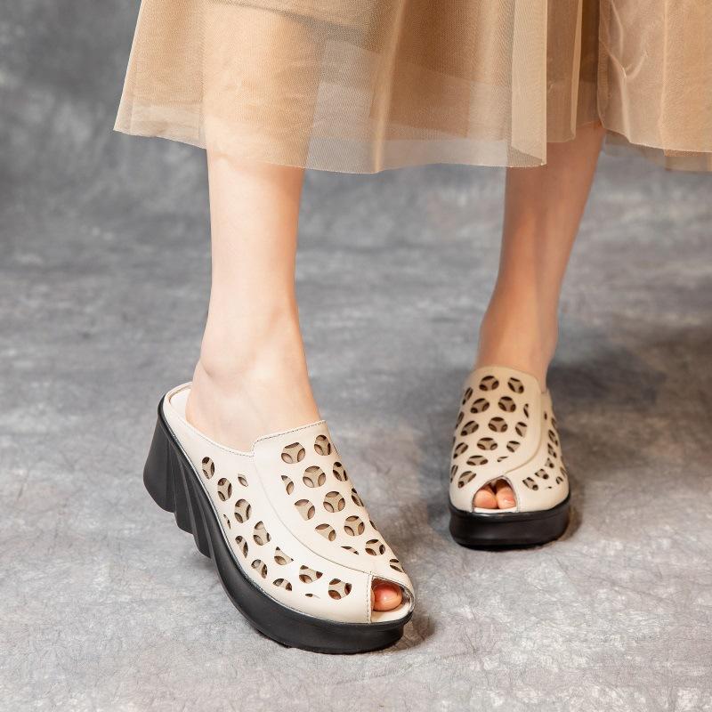 Summer New Genuine Leather Slippers Women's Retro Ethnic Style Thick Wedges Shoe Fish Mouth Mom Slippers Women Hollow Sandals