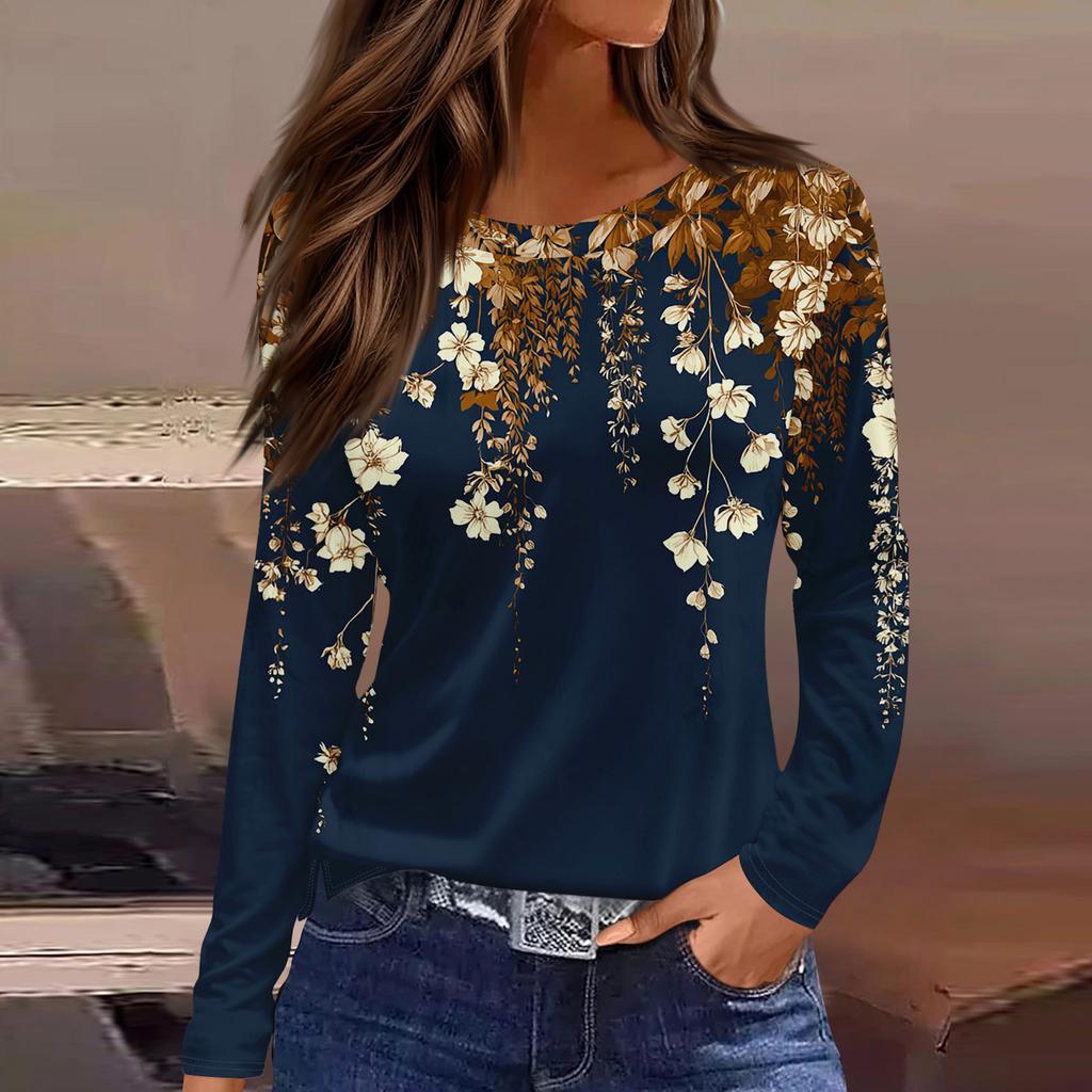 Women's Fashion Casual Slit Hem Round Neck Long Sleeve Loose Printed T-Shirt Ladies Top Christmas