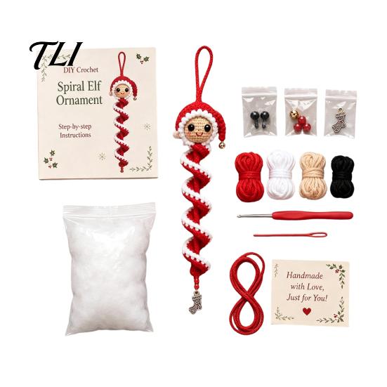 Creative Crafting Set Crochet Doll Spiral Ornament DIY Kit, Holiday Craft with Yarn Project Soft Yarn, Beads, Christmas Tree Hanging for Window