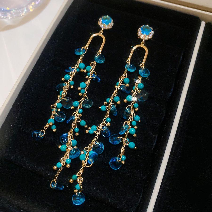 Blue Oil Drop Crystal Flower Round Earrings Stud Earrings Design Sense Niche