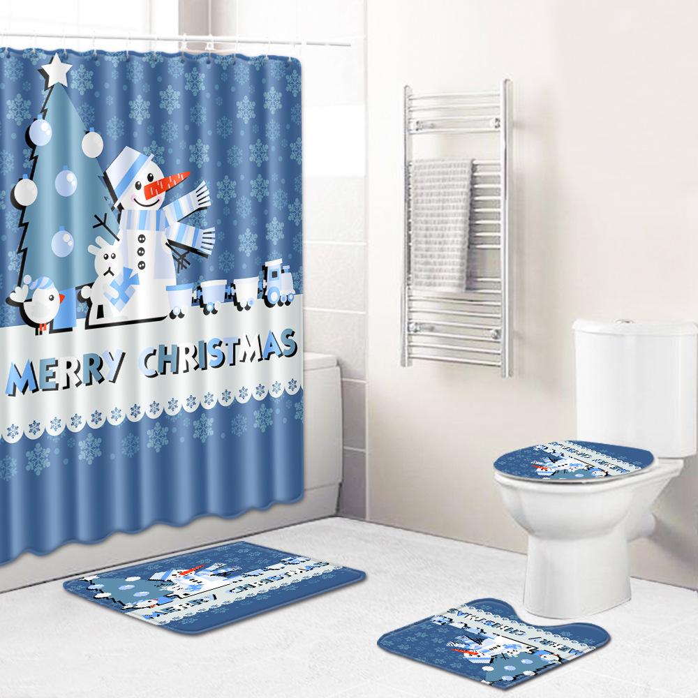 Christmas Shower Curtain Floor Mat Combination Four-Piece Set Bathroom Toilet Carpet Shower Room Mat Foot Mat