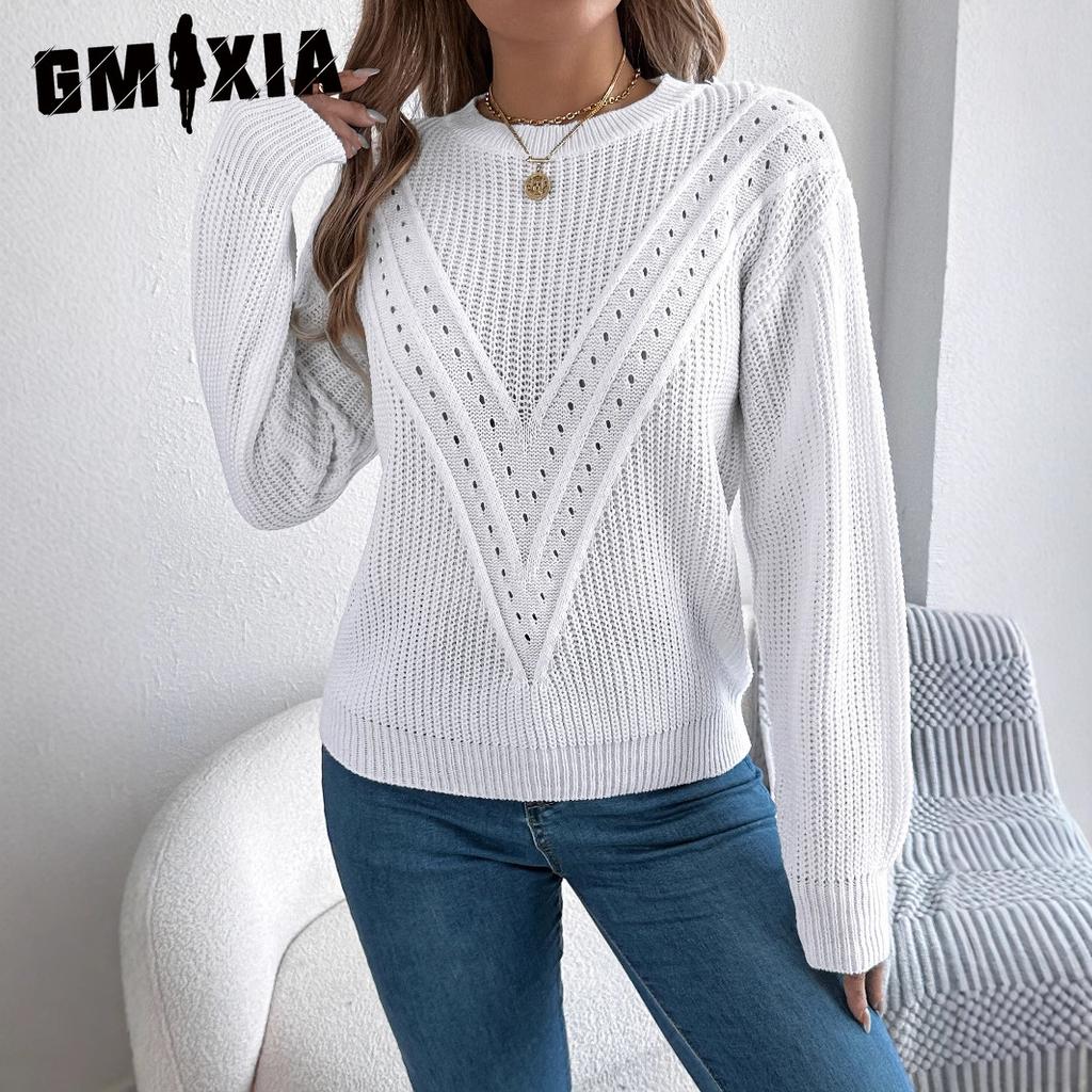 GMXIA Autumn and Winter Casual Solid Color V-shaped Hollowed-out Lantern Sleeve Pullover Sweater Women's Wear