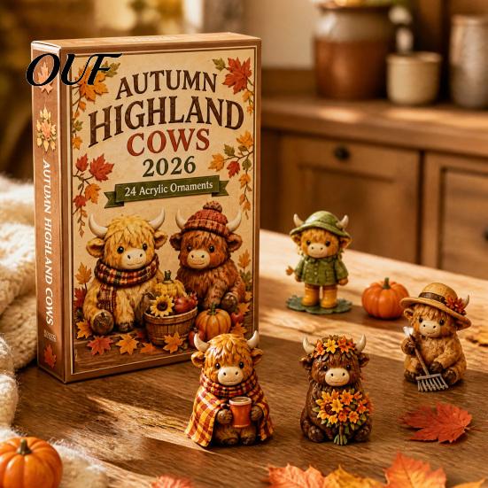 Zestaw Ozdób na Święto Dziękczynienia Boże Narodzenie Krowa Szkocka Kalendarz Adwentowy, 24 Urocze 3D Kolekcjonerskie Mini Figurki Kalendarza Odliczania Jesiennych Żniw, Wiejski