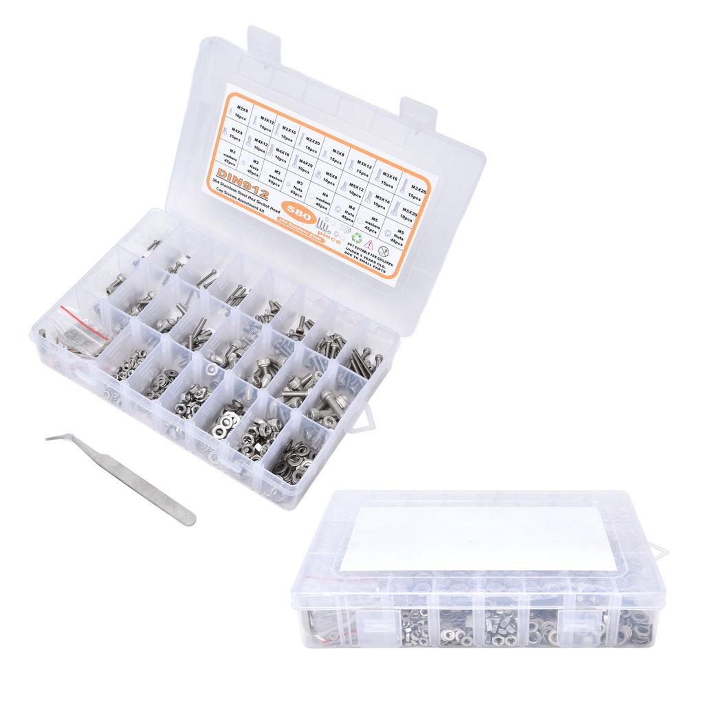 580Pcs Screws Nuts Washers Kit 304 Stainless Steel Cylindrical Head Hex Socket Screws for Home
