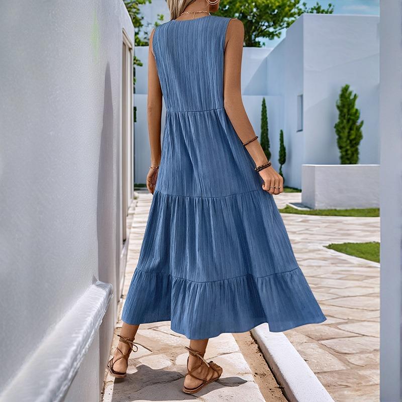 VEZFAA Women's Fashion Summer Spring Solid Color Print Sleeveless V-Neck Loose Waistline Casual Dresses