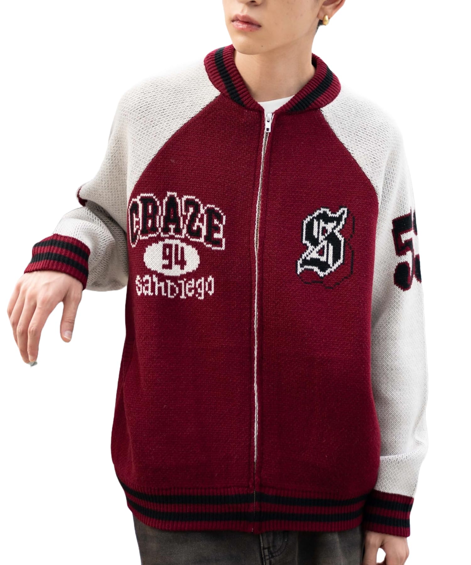 

WEGO Unisex Jacquard Knit Stadium Size Wine Men s Jacket, Outerwear, Streetwear, Casual, Fall/Winter, Gift, Spring/Autumn/Winter, M,