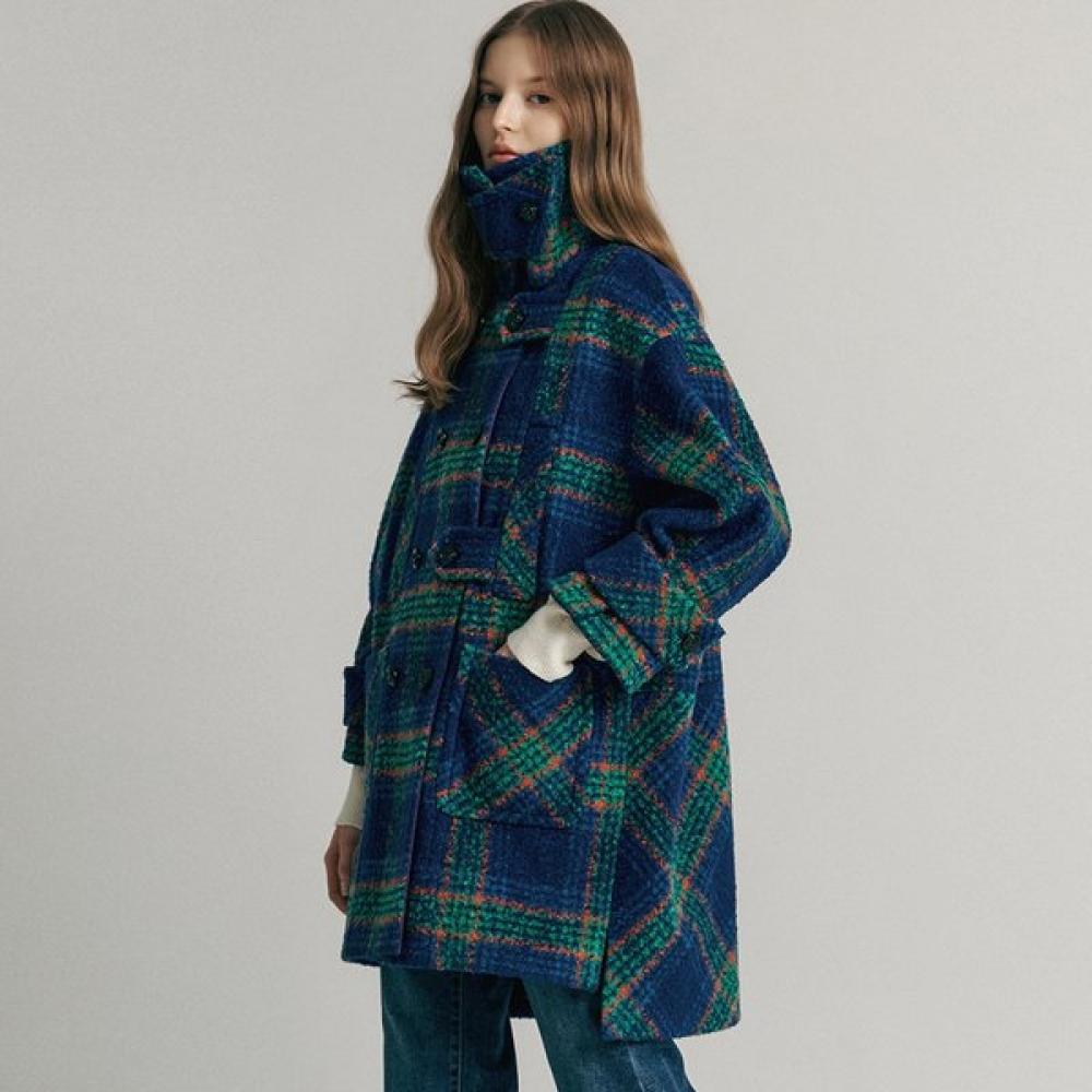 

Maxza Color Check Pattern Volume Sleeve Half Coat Blue/FREE