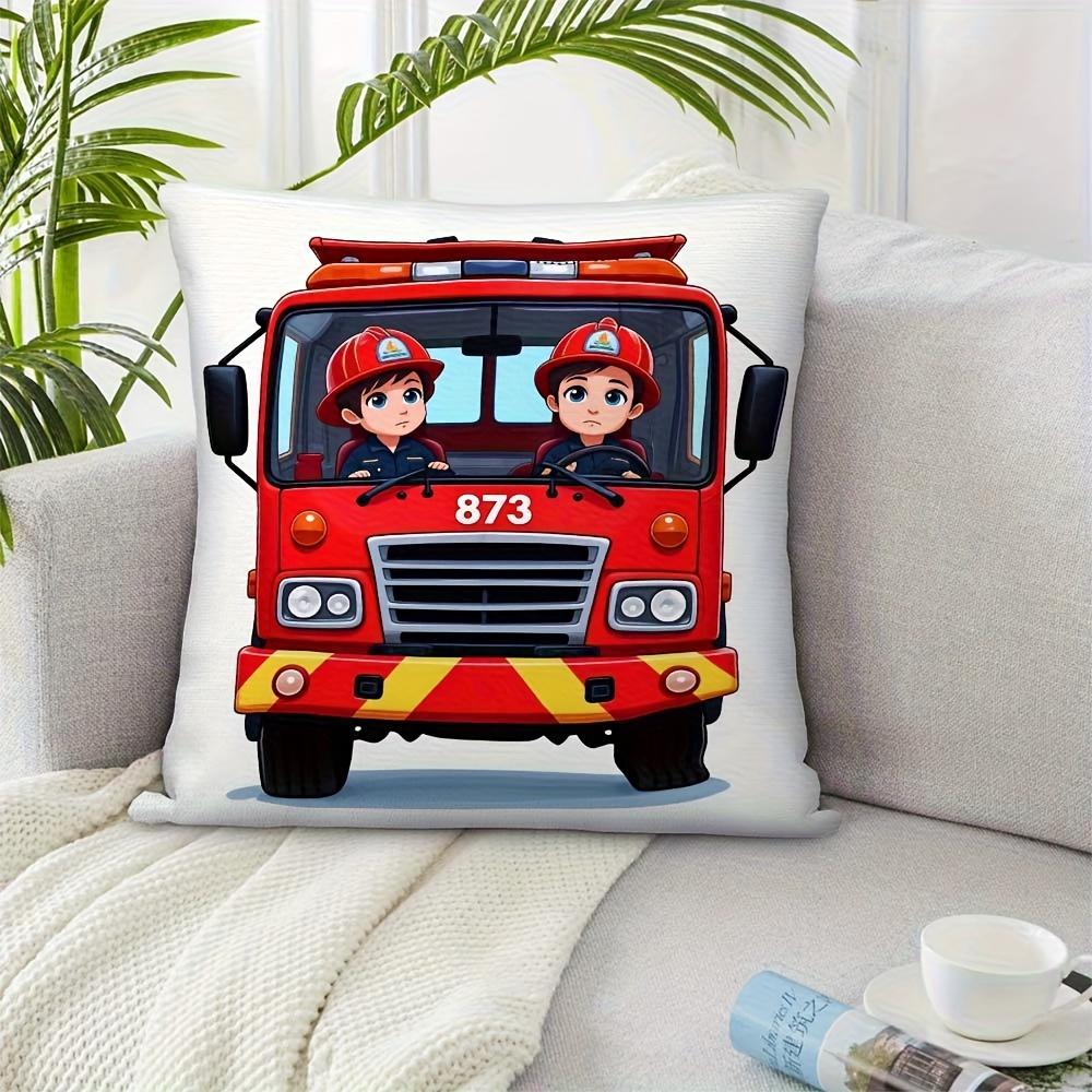 A Fire Truck And Firefighter Pillowcase - a Zippered Soft Cushion Cover Featuring a Fire Truck Design, Red Fire Truck And Firefighter, Machine Washabl