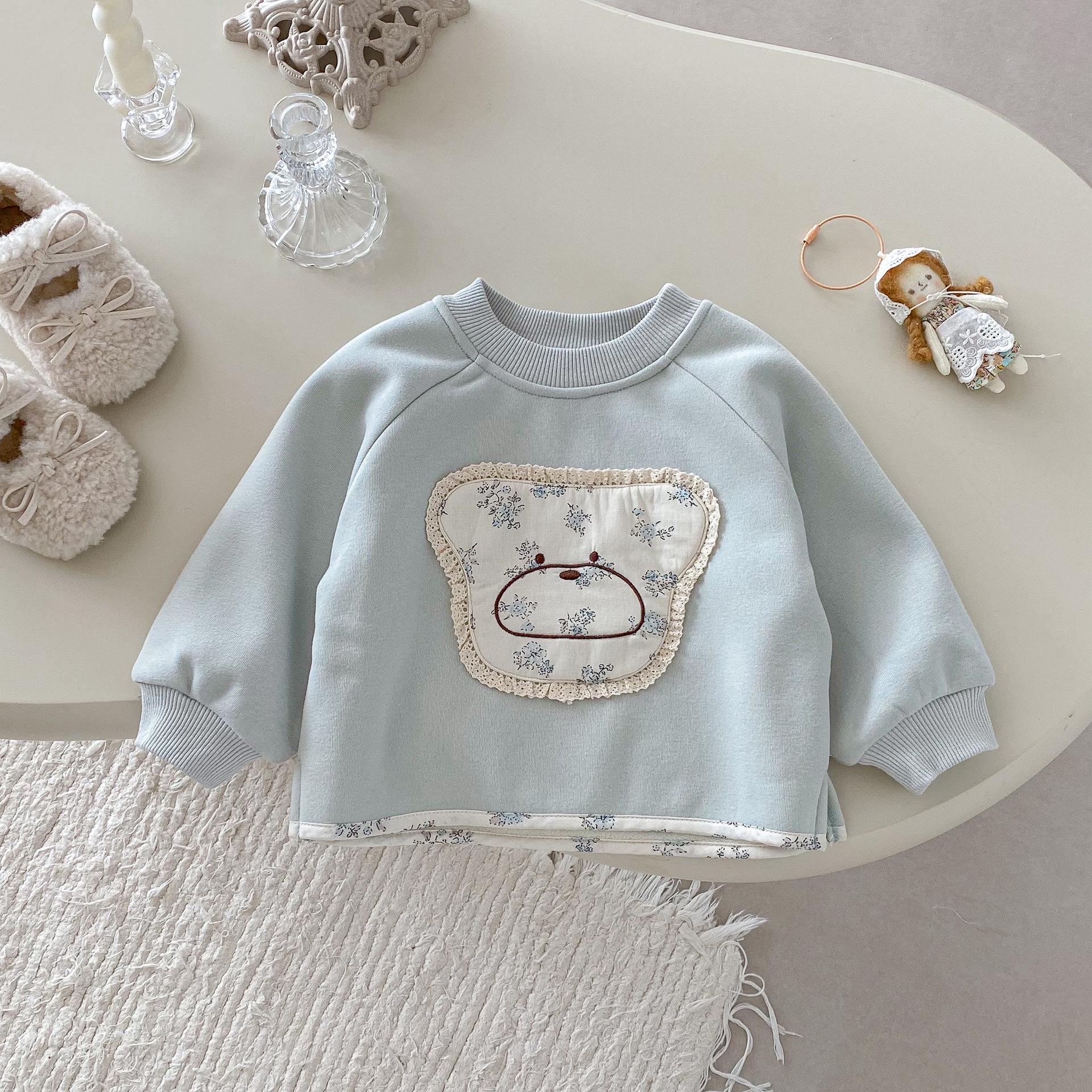

Girls Floral Appliqué Fleece Sweatshirt, Ages 0-5, Winter Baby Fashion, Thick Pullover with Bear Design, AY705 80 cm