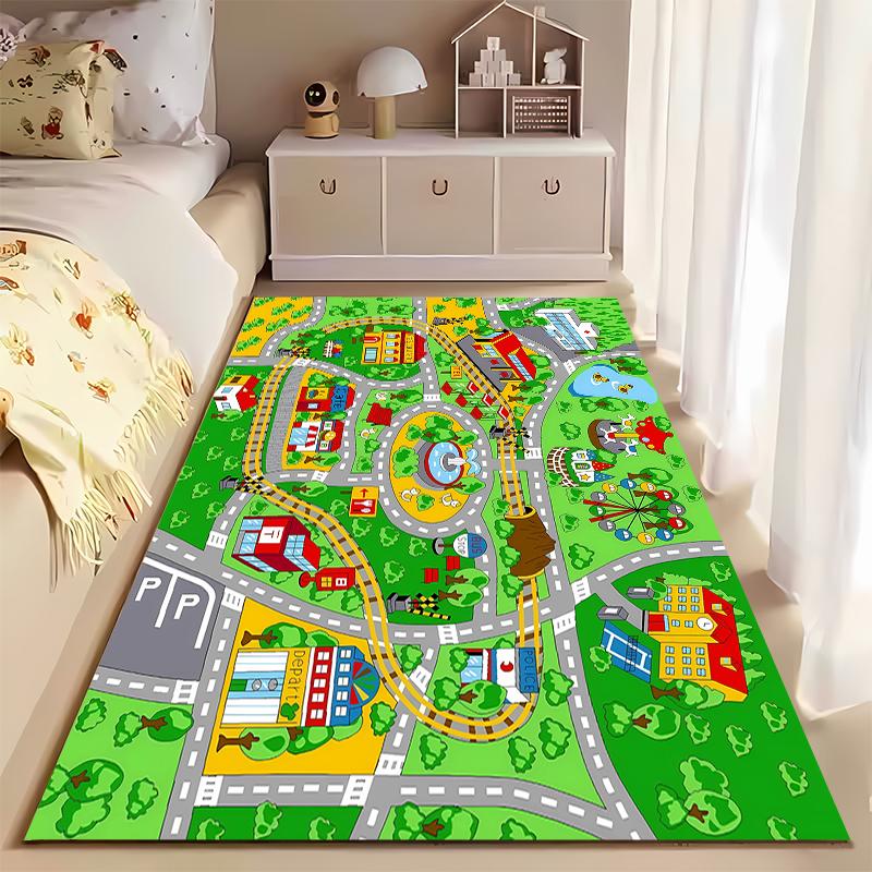 Colorful City Map Playground Rug Non-slip Rug Suitable for Living Room and Bedroom Sofas.