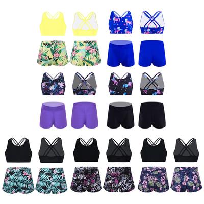 Flickors 2-delade sportset U-ringning Spagettiband Kort topp Korsad rygg Rosa liljeprintshorts Tränings- och yogakläder