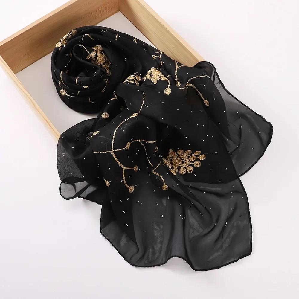 New Embroidered Diamond Chiffon Hijab Scarf Women Luxury Soft Plain Shawl For Women Muslim Hijabs For Women Turban Femme Bandana