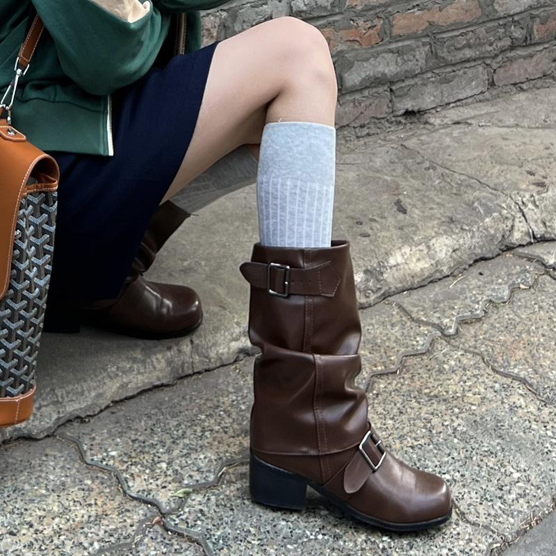 Retro Locomotive Boots Women's Spring and Autumn New High-heeled French Stacking Boots Pleated Martin Boots