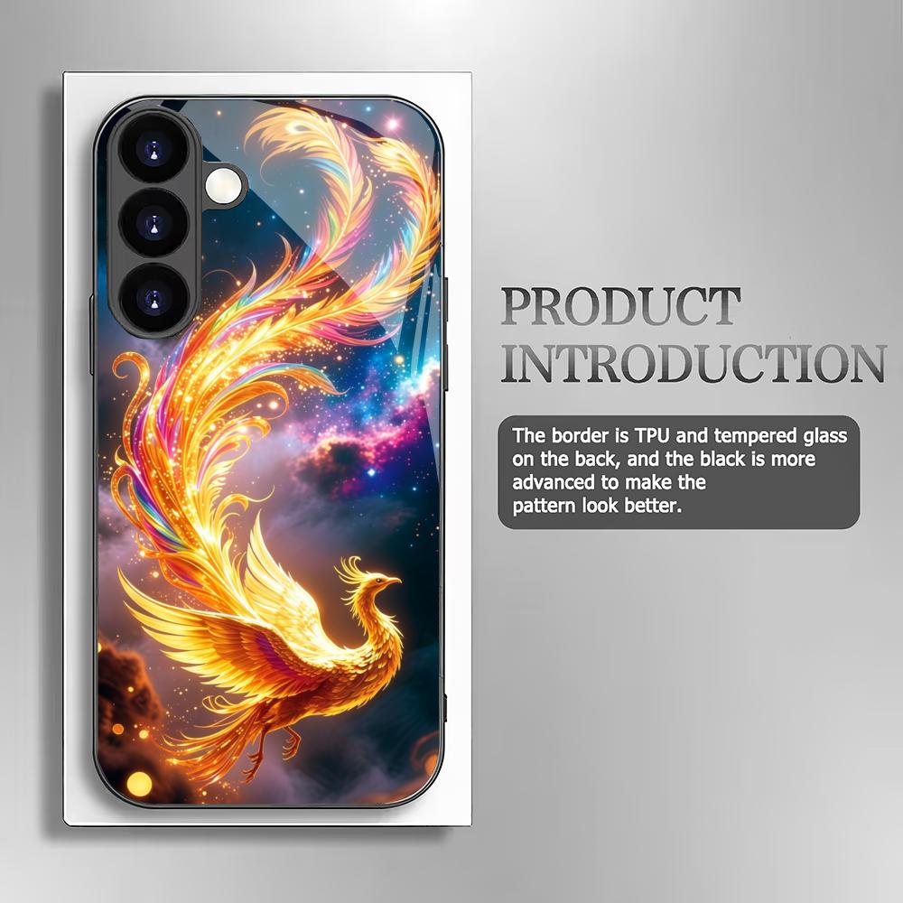 Fire Phoenix tempered glass phone case suitable for Samsung Galaxy S26 S25 S24 S23 S22 S20 FE/Ultra/Plus anti drop back cover