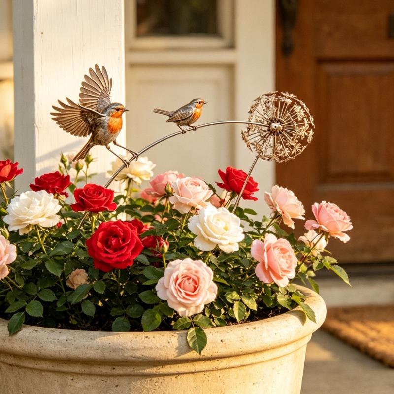Three Bird Garden Stake Metal Yard Piece with Curved Branch Detail and 24 Inch Soil Insert for Pot Groupings, Lawn Lines and Garden Rows