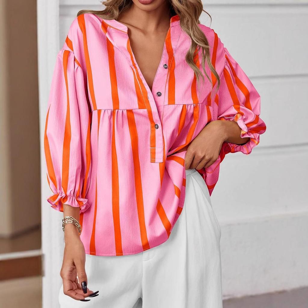 New Summer and Autumn Striped Shirt with Puffed Sleeves and Loose Top for Women
