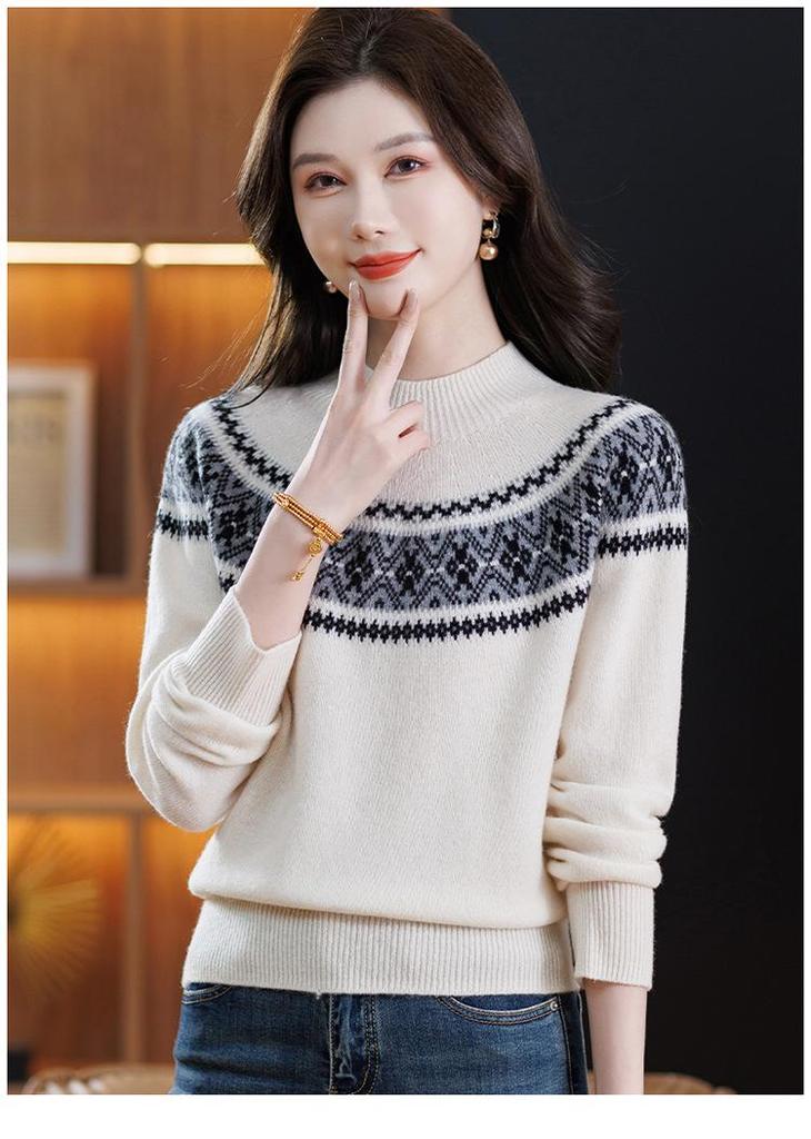 Women's Petite Jacquard Knit Wool Sweater - Autumn/Winter, Half-High Collar, Slimming Base Layer